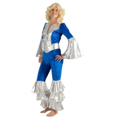KRAUSE & SOHN Dancing Queen Kostüm 70er Overall Blau Silber für Damen Gr. 36-46 Fasching