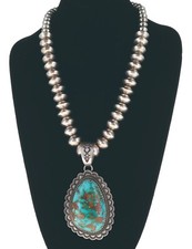 Sterling Silver Bead Necklace With High Grade Natural Royston Turquoise Pendant