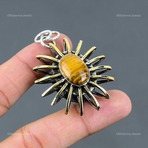 Authentic Tigers Eye Gemstone 925 Sterling Silver Cage 18K Gold Plated Pendant Jewelry