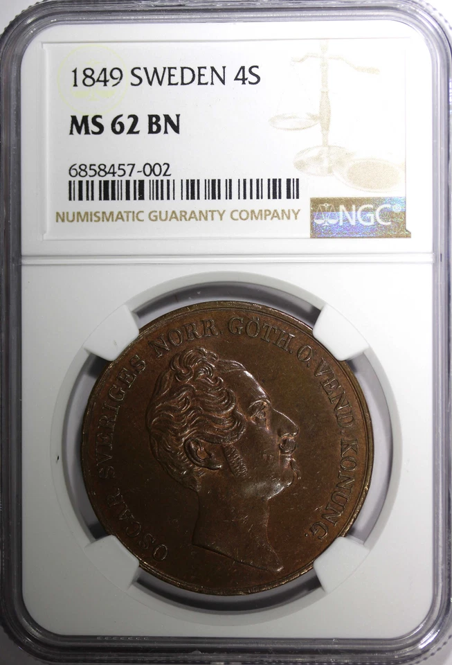 Sweden Oscar I 1849 4 Skilling Banco 37.2 mm 1st Year NGC MS62 BN KM# 672 (002) - Image 2 of 4