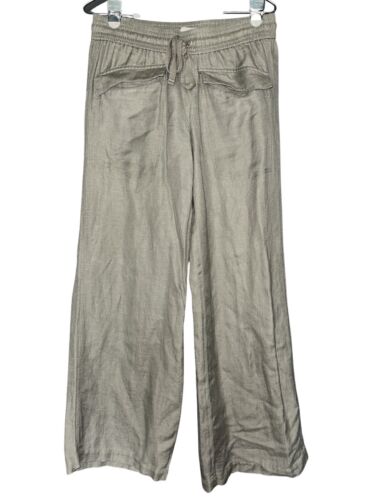 LOU & GREY Linen Blend Wide Leg Pants S Olive Green Elastic Waist Flap Pockets - Picture 1 of 8