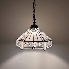 Tiffany Style Hanging Lighting White Hexagon Stained Glass LED Bulb 12"W12"D60"H