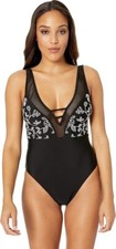  128 Lucky Brand R2554 Womens Westwood Wander One-Piece Swimsuit, Black, M