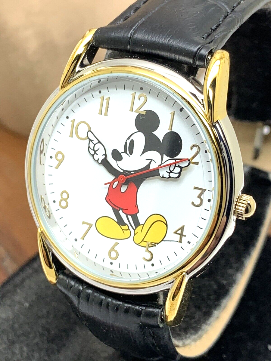 Disney Mickey Mouse Women's Watch White Dial Quartz Black Leather