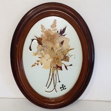 Vintage Dried Pressed Flowers Satin Matted Wall Hanging in Brown Oval Frame