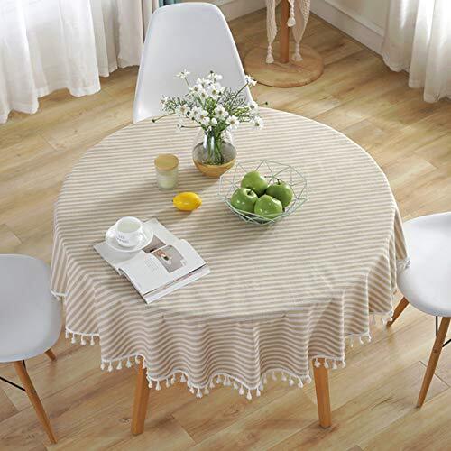 Stripe Tassel Round Tablecloth Cotton Linen Round,60 inch Stripe Tassels Beige - Picture 6 of 7