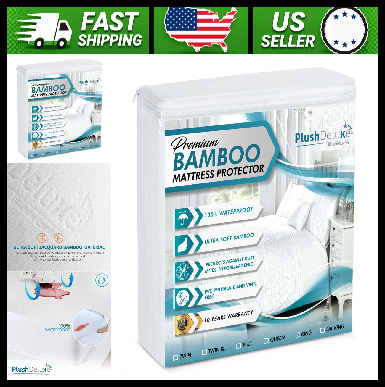 PlushDeluxe Bamboo King Mattress Protector Waterproof Breathable White