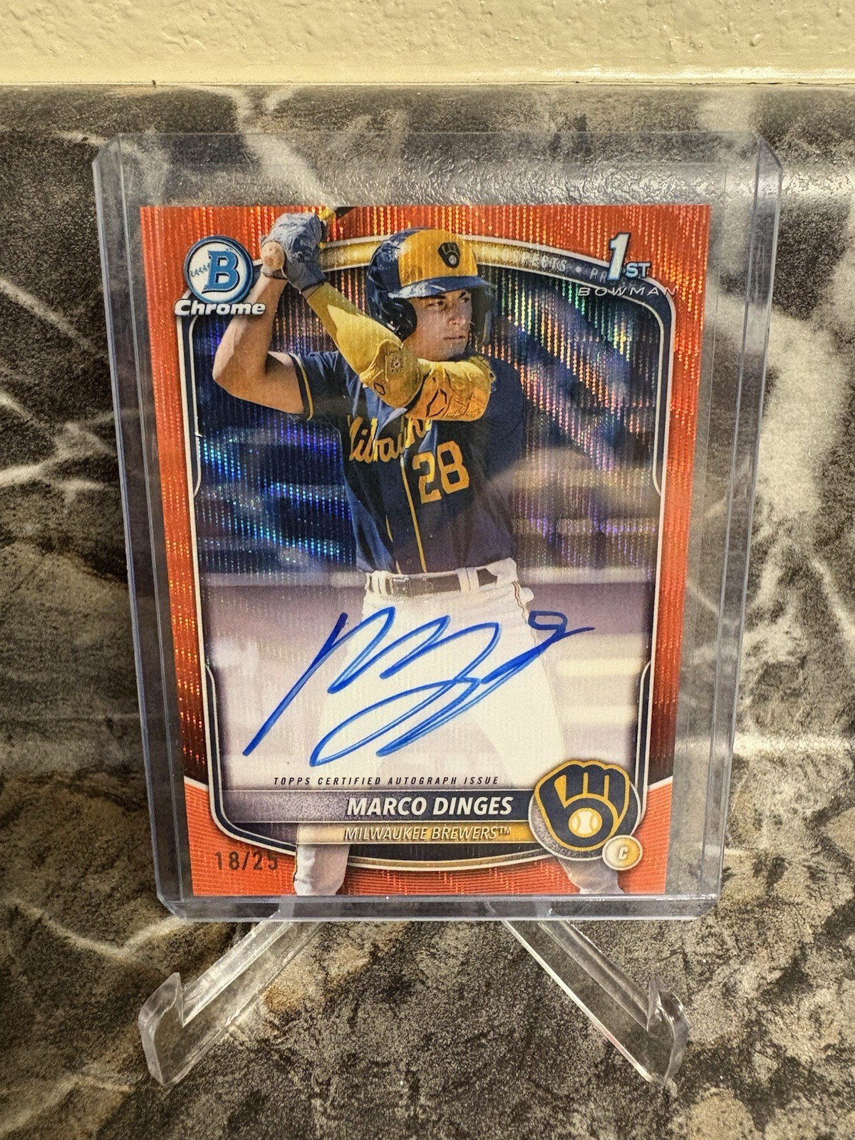 Marco Dinges 2025 1st Bowman Chrome Orange Shimmer Auto #CPA-MD Brewers Card /25