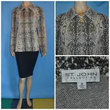 ST JOHN Knits Collection Black Cream Jacket L 10 12 Suit Blazer Animal Print