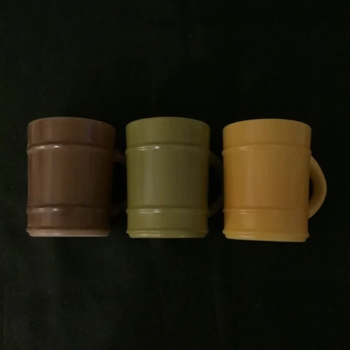3 VTG ANCHOR HOCKING Fire King RANGER Barrel COFFEE MUGS Yellow Green Brown