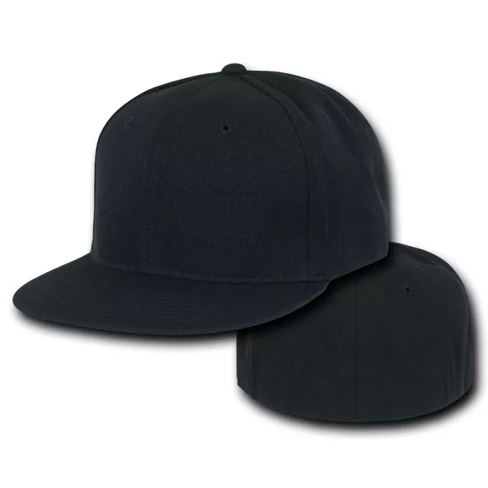 Black Fitted Flat Bill Plain Solid Blank Baseball Ball Cap Caps Hat Hats 9  SIZES