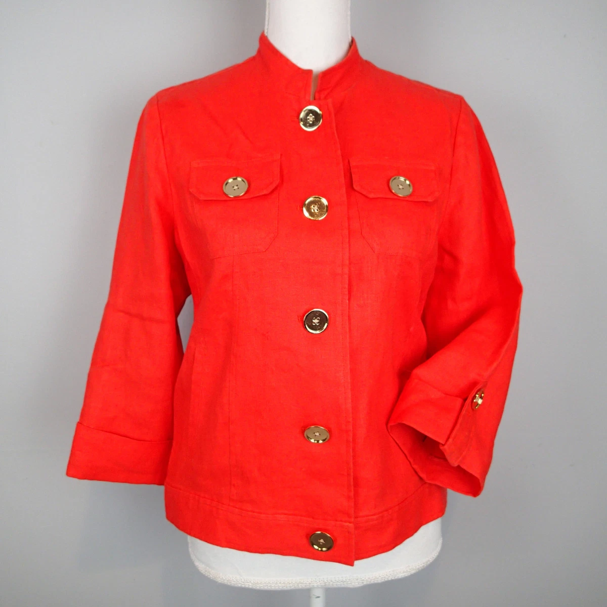 Laura Ashley Orange red carrot Linen Jacket Gold Buttons Petite Medium blazer u1