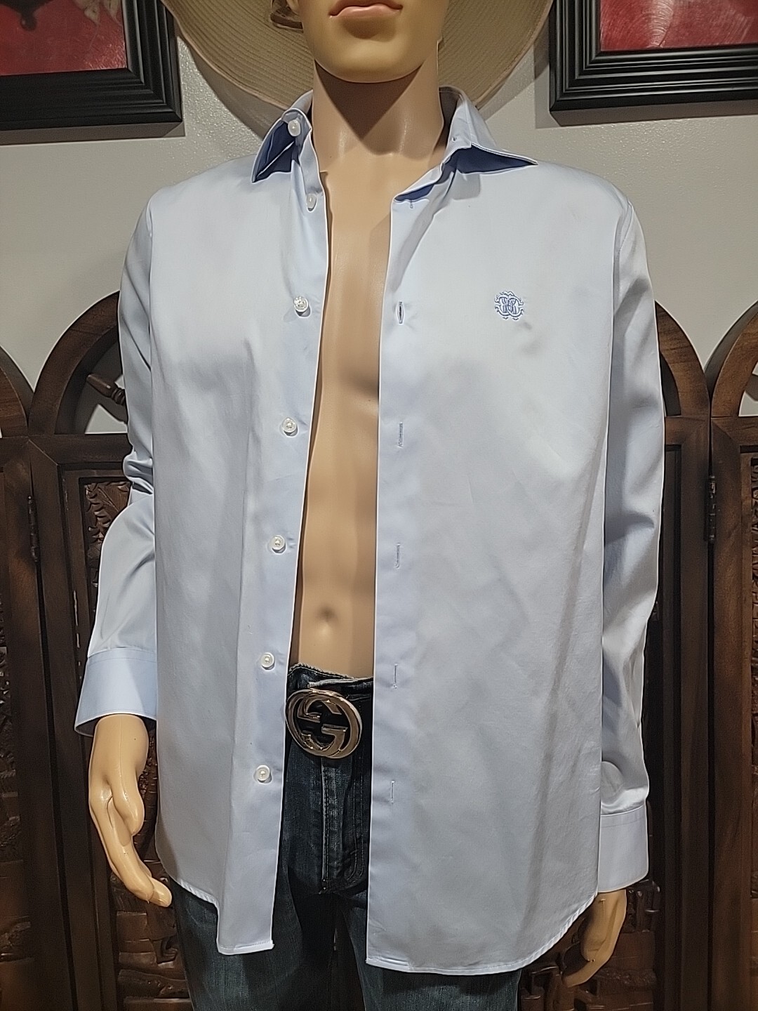Camicia uomo Roberto Cavalli blu cotone bottoni 41/16 logo ricamato #R1