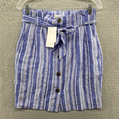 H&M Skirt Womens 6 Blue Striped Linen Blend Belted Paper Bag Waist Mini Skirt