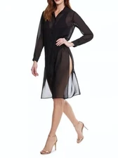 GOTTEX Chiffon Button Up Long Sleeve Cover-up Shirt Dress Size M L Black $150