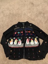 Vintage Designers Original Black Snowman Zip Sweater Cardigan Medium Embroidered
