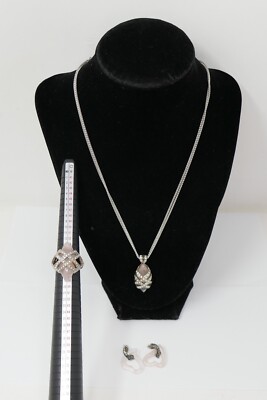 GUESS 925 Sterling Silver Pink Quartz Accented Necklace Ring & Earrings