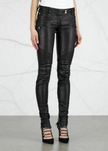 Women Real Leather Biker Pants Trousers 