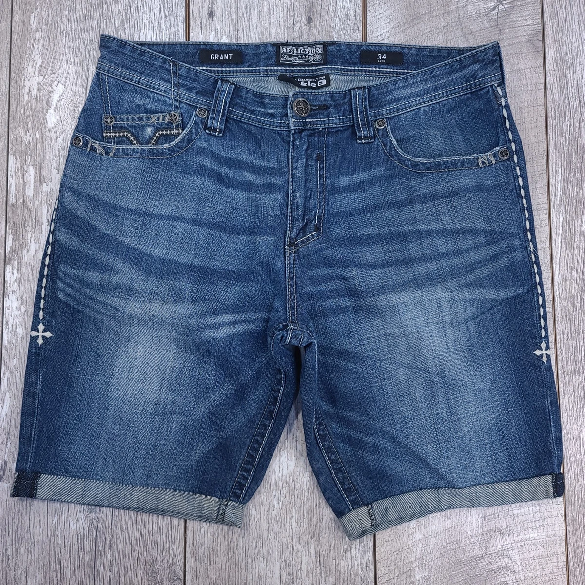 Affliction Buckle Jean Shorts Mens 34 Long Blue Denim Grant Mid Rise Biker Rock