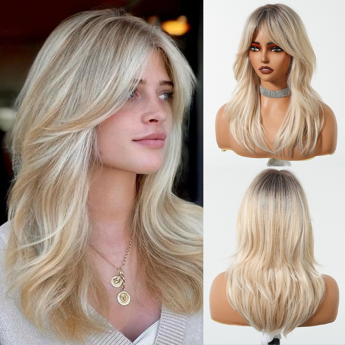 Women\'s Ombre Blonde Heat Resistant Middle Length Natural Layered Straight Wig KOME Ombre Blonde Synthetic Lace Front Wig, Shoulder Length  main image 4