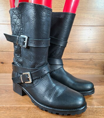 Maje Woman's Black Leather Belted Buckle Moto Motorcycle Boots