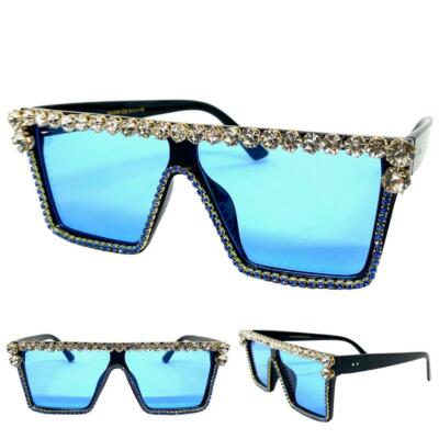 Classy Elegant Modern Retro SUN GLASSES Black Frame Blue Lens Bling Rhinestones