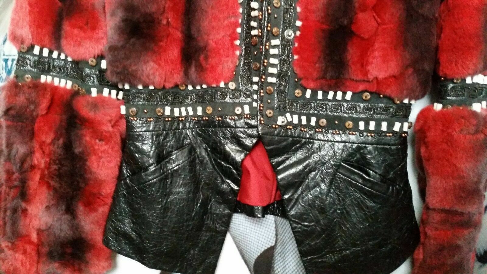 WOMEN FLORENCE MODE BLACK/burgundy JACKET REAL LEATHER  & RABBIT EMBELLISHED S-M image 4