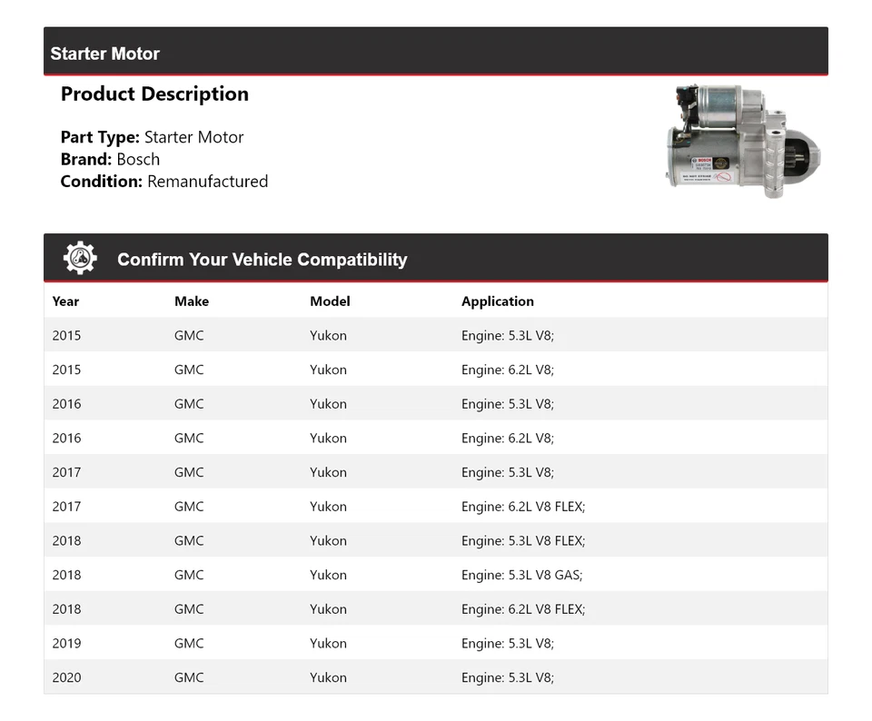 Arranque para GMC Yukon Bosch 2015-2020 (remanufacturado) 2016 2017 2018 2019 Foto 2 de 4