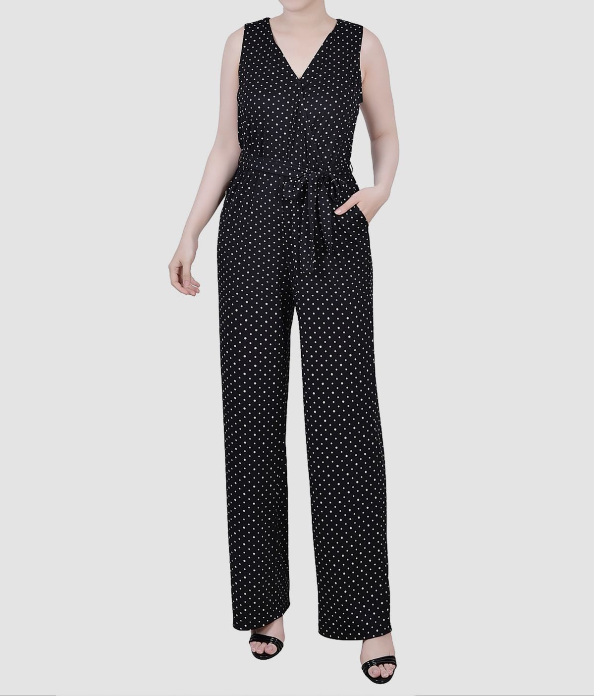 NY Collection Women's Black Polka-Dot Surplice Self-Tie Jumpsuit Petite Size PXS