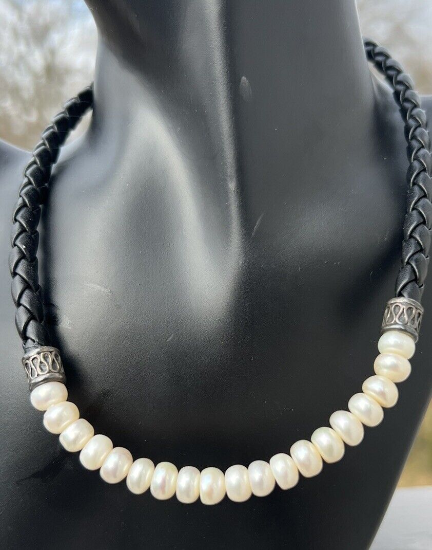 STERLING SILVER Fresh Water Pearls BLACK Braided … - image 1