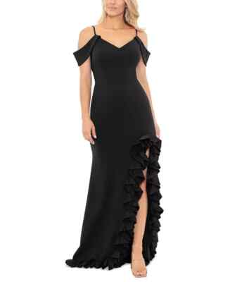 xscape long scuba off-the-shoulder ruffle dress Xscape Petite Off-The-Shoulder Ruffle Detail Gown - Midnight