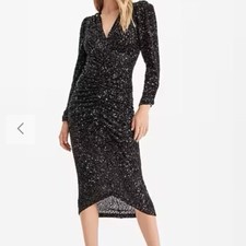 Express Dress Women’s Size Small Black Sequin V-Neck Puff Shoulder Ruched Midi