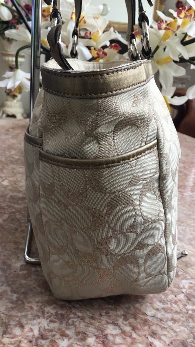 Coach F17724 Gallery Lurex Metallic Gold Khaki Tote Shoulder Bag
