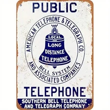 Tin Metal Signs Home Décor 8x12 Public Phone Southern Bell Telephone- Vintage Lo