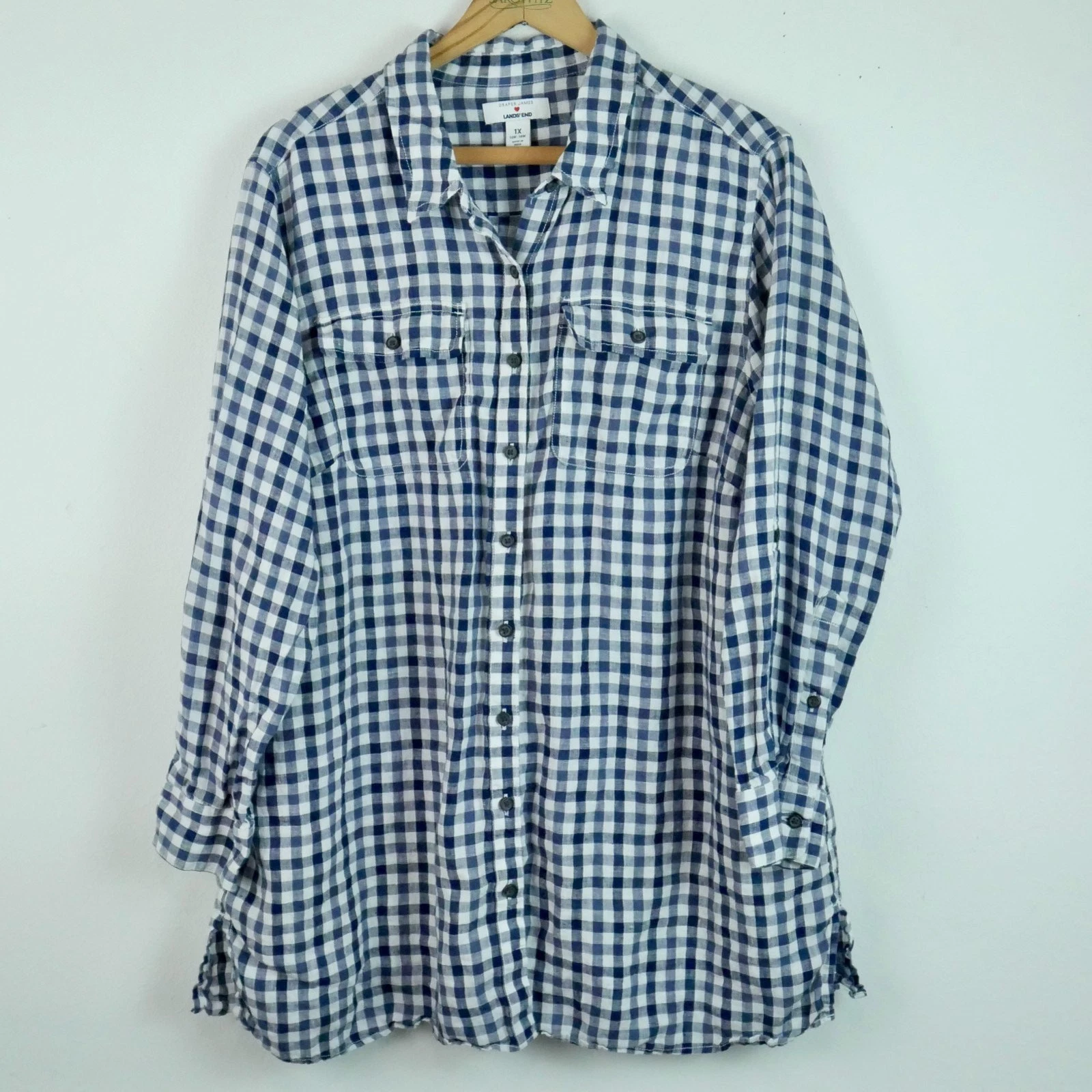 Land's End 1X Button Up Linen Shirt Blue Gingham Preppy Draper James Roll Tab