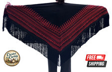 Handmade Palestinian Embroidered Shawl Black Red Fringe Scarf Traditional