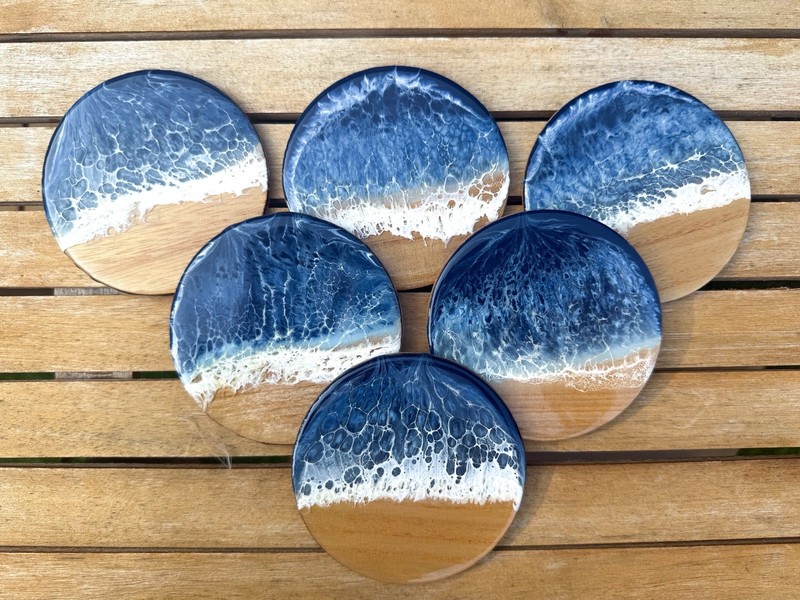 Set of 6 Ocean Resin Coasters 4” Round Cork Backed Handmade Beach Coastal Decor