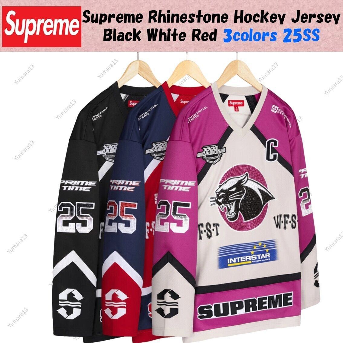 Supreme Rhinestone Hockey Jersey Black White Red 3colors 25SS