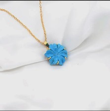 Carved Blue Turquoise Flower Pendant, AAA Turquoise Gemstone Necklace For Her,