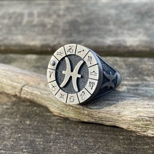 Zodiac Pisces 925 Sterling Silver Oxidized Signet Ring Duty Free