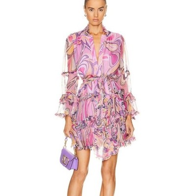 Alexis Paris S Vibrant Swirl Print Pink and Purple Long Sleeve Silk Blend Dress