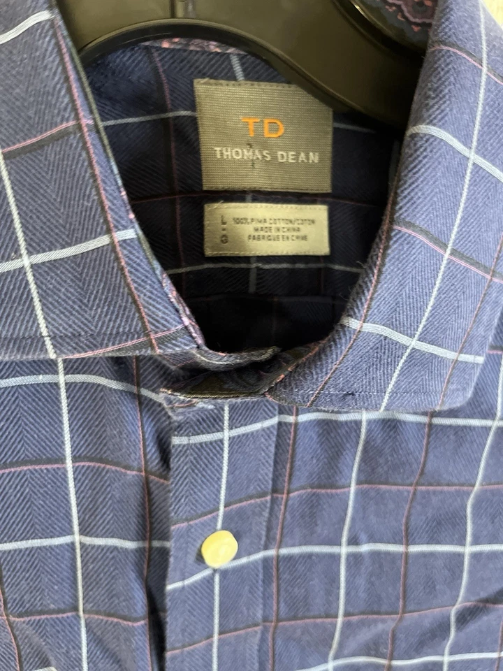 Thomas Dean Dress Shirt Men’s Size Large Flip Cuff Blue Plaid Checkered - Image 2 of 4