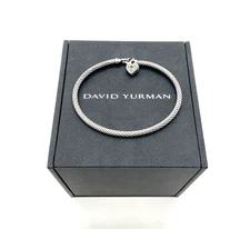 David Yurman Sterling Silver Cable Bracelet w/ Dangle Diamond Heart Lock 6.25”