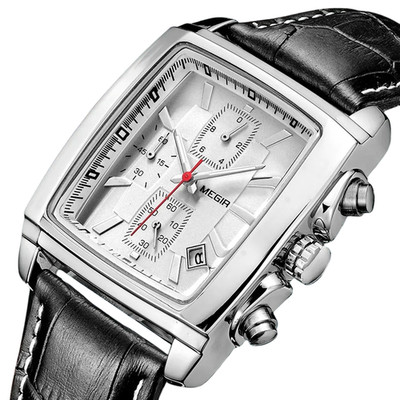 MEGIR Herren Uhr Rechteck Chronograph Leder Quarz Schwarz Luxus Elegant Casual