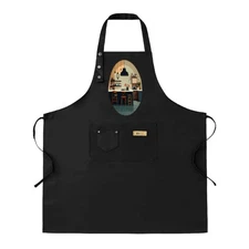 Stylish Black Bib Apron 2 Pack with CaféScene Design Adjustable Straps 2 Pockets
