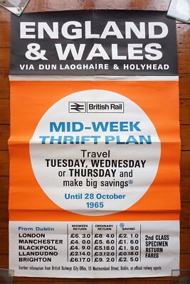 1965 Dun Laoghaire Heysham Irland England Wales Original Eisenbahn Poster 