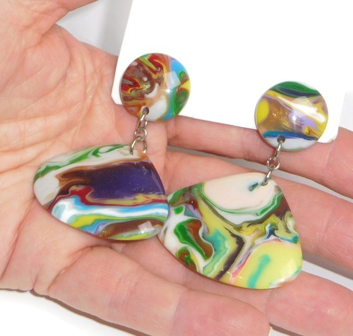 Sobral Pollock Female Swirled Multi Hue Statement Artist Made Post Earrings - Picture 4 of 7