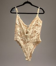 Vintage Victoria's Secret Bride Gold Label Floral Lace Up Teddy Bodysuit Beige S