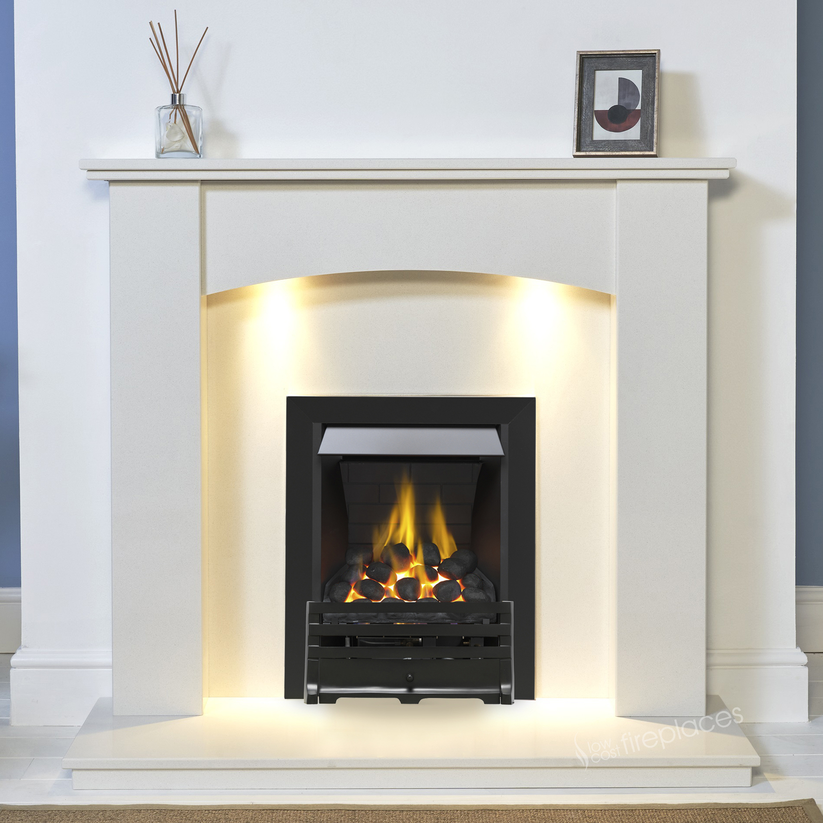 WHITE MARBLE STONE CURVED GAS SURROUND BLACK FIRE FIREPLACE SUITE LIGHTS  48u0026#034; | eBay