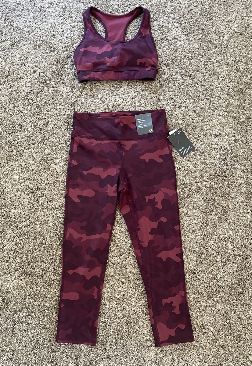 NWT GapFit Camo XS High-Rise Capri Compression Legging Sports Bra Outfit  Maroon